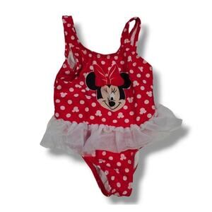 Disney Baby Girls Red Polka-Dot Minnie Mouse Tulle One-Piece Swimsuit – 24 Mo.